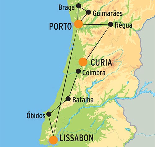 Kort over rejsen til Portugal